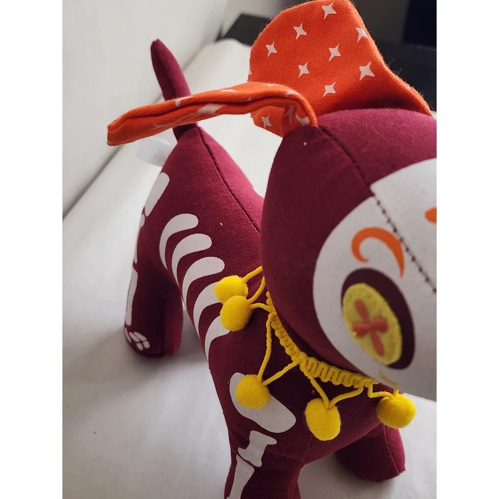 Day of the Dead Skeleton Dog Plush Sugar Skull Halloween Decor Burgundy Orange